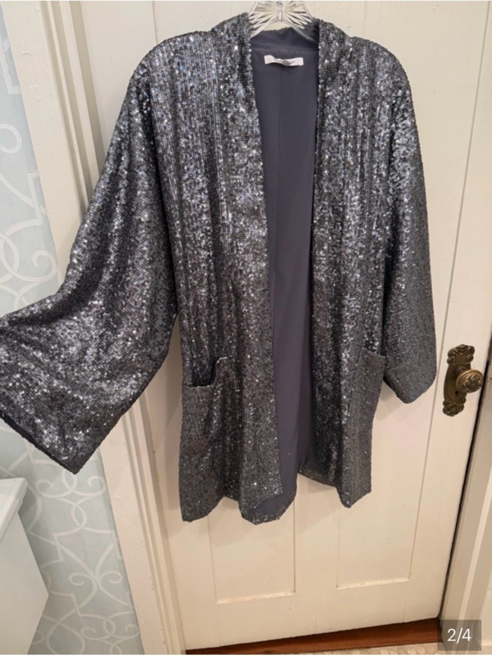 EMERSON FRY Silver Sequin Open Kimono Jacket